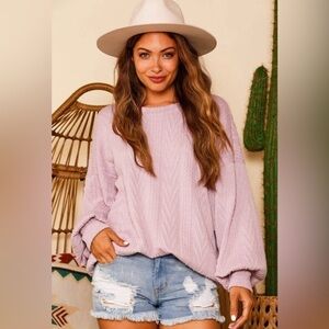 Women's Balloon Sleeve Solid Cable Knit Sweater - LAVENDER - Size Large NEW